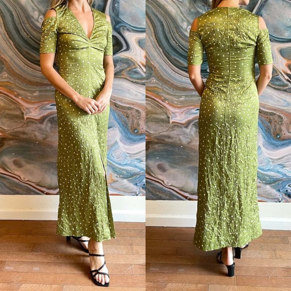 NWT Ganni Satin V-Neck Maxi Dress Sz 38 Going Green Cut-out Shoulder Front Slit - Picture 2 of 12